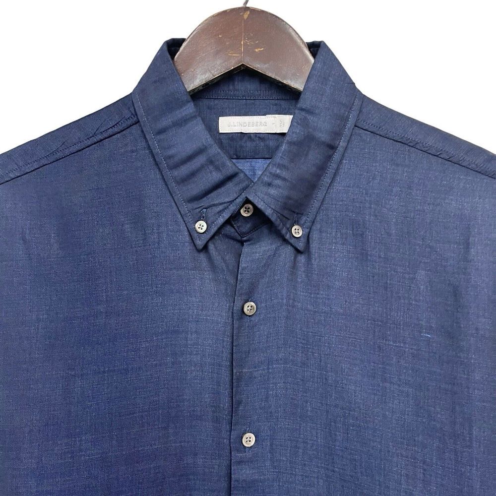 J. Lindeberg Men's Size 41/16 Button Down L/S Shirt Navy Blue Linen/Cotton euc